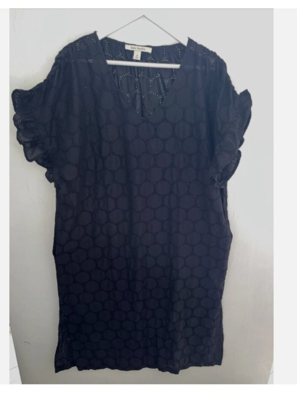 KATE LAUNDRY Black Embroidered Eyelet Midi Shift Dress Ruffle Cuffs Side Slits S